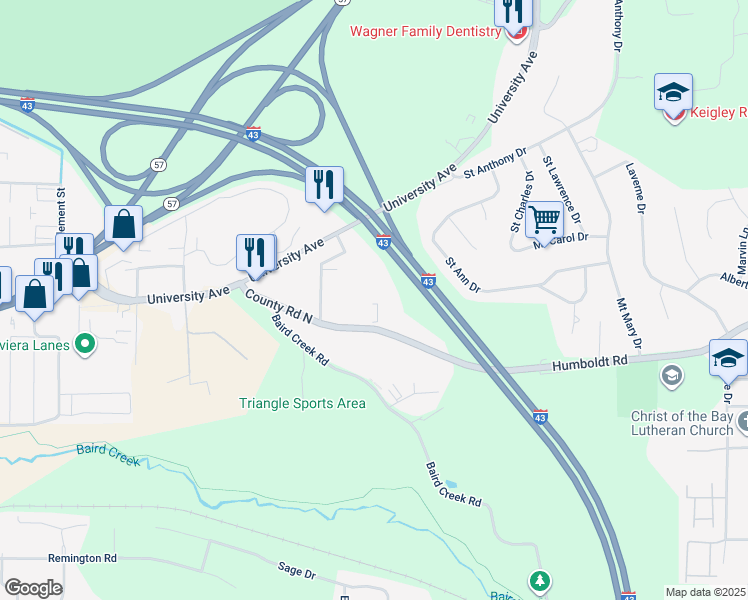 map of restaurants, bars, coffee shops, grocery stores, and more near 844 Linden Drive in Green Bay