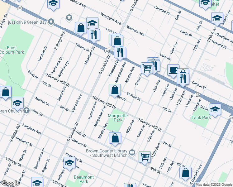 map of restaurants, bars, coffee shops, grocery stores, and more near 853 Marquette Avenue in Green Bay