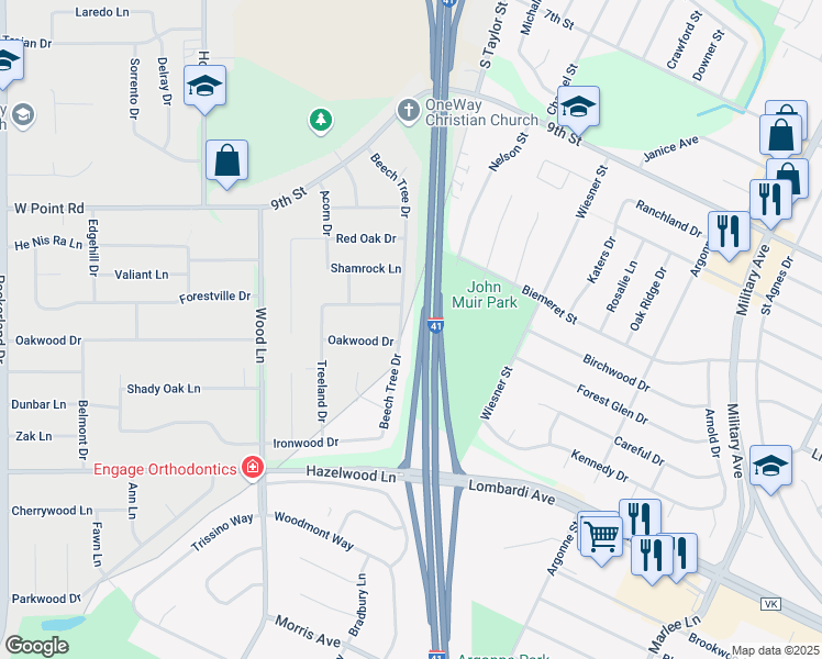 map of restaurants, bars, coffee shops, grocery stores, and more near 1721 Beech Tree Drive in Green Bay