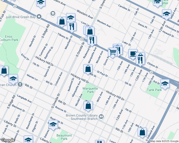 map of restaurants, bars, coffee shops, grocery stores, and more near 853 Marquette Avenue in Green Bay