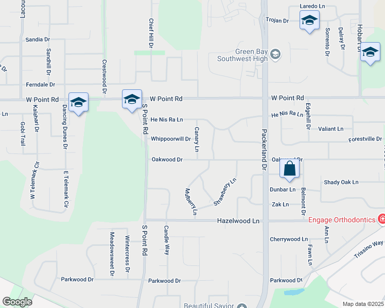 map of restaurants, bars, coffee shops, grocery stores, and more near 1808 Canary Lane in Green Bay