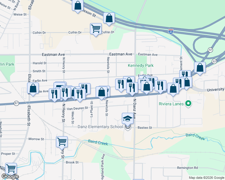 map of restaurants, bars, coffee shops, grocery stores, and more near 2036 Preble Avenue in Green Bay