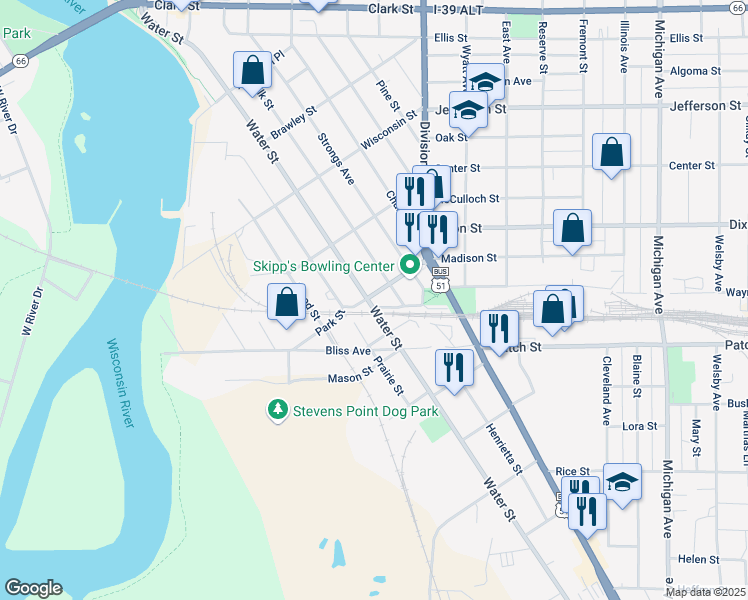 map of restaurants, bars, coffee shops, grocery stores, and more near 1001 Park Street in Stevens Point