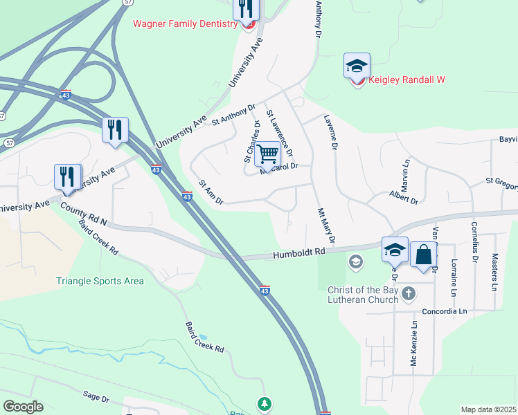 map of restaurants, bars, coffee shops, grocery stores, and more near 2835 Saint Ann Drive in Green Bay