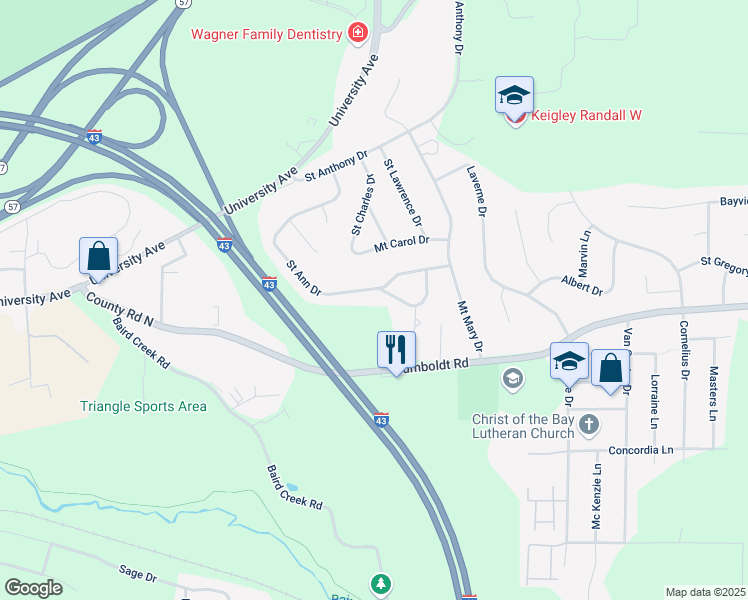 map of restaurants, bars, coffee shops, grocery stores, and more near 2835 Saint Ann Drive in Green Bay