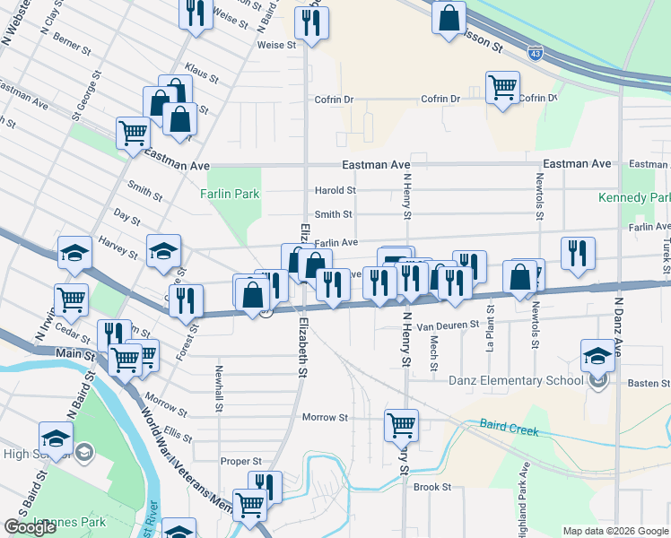 map of restaurants, bars, coffee shops, grocery stores, and more near 1630 Farlin Avenue in Green Bay