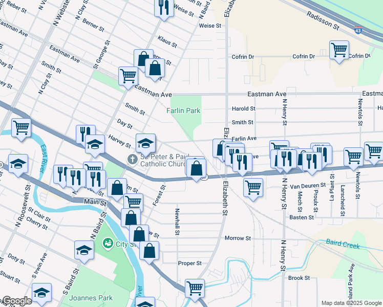 map of restaurants, bars, coffee shops, grocery stores, and more near 1486 Farlin Avenue in Green Bay