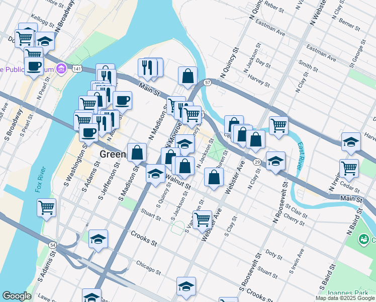 map of restaurants, bars, coffee shops, grocery stores, and more near 635 Pine Street in Green Bay