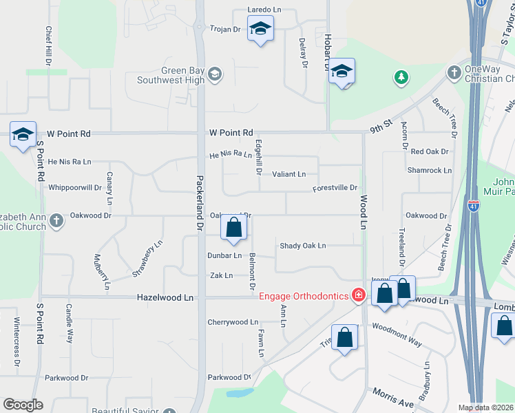 map of restaurants, bars, coffee shops, grocery stores, and more near 2547 Forestville Drive in Green Bay
