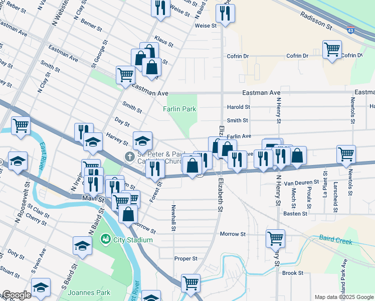 map of restaurants, bars, coffee shops, grocery stores, and more near 1486 Farlin Avenue in Green Bay