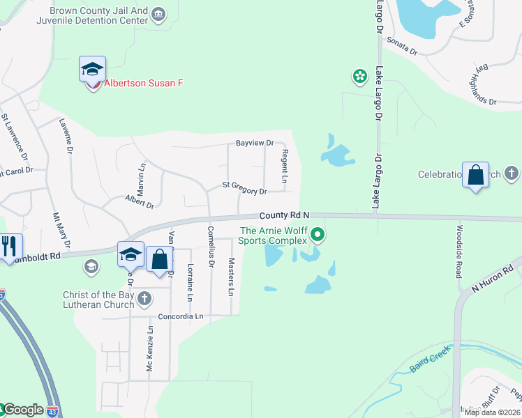 map of restaurants, bars, coffee shops, grocery stores, and more near 3162 Saint Gregory Drive in Green Bay