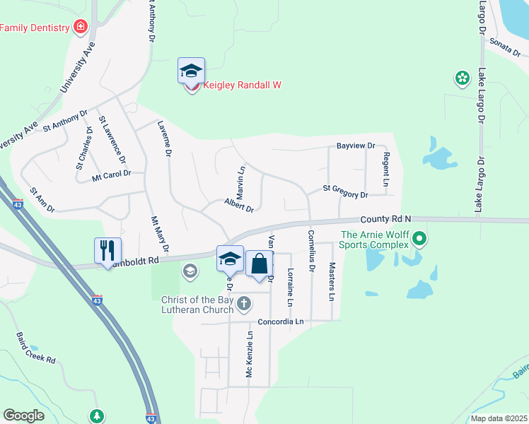 map of restaurants, bars, coffee shops, grocery stores, and more near 3050 Albert Drive in Green Bay