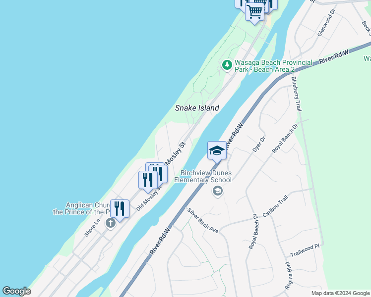 map of restaurants, bars, coffee shops, grocery stores, and more near 19 10th Street South in Wasaga Beach