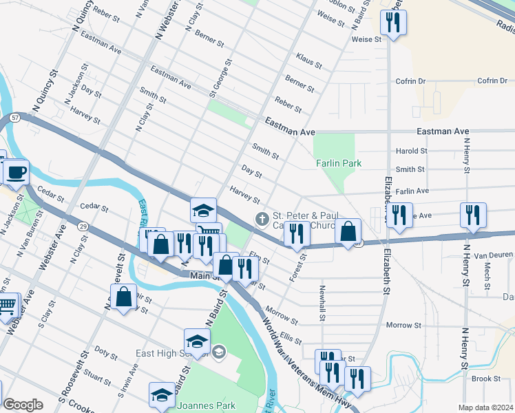 map of restaurants, bars, coffee shops, grocery stores, and more near 1342 Harvey Street in Green Bay