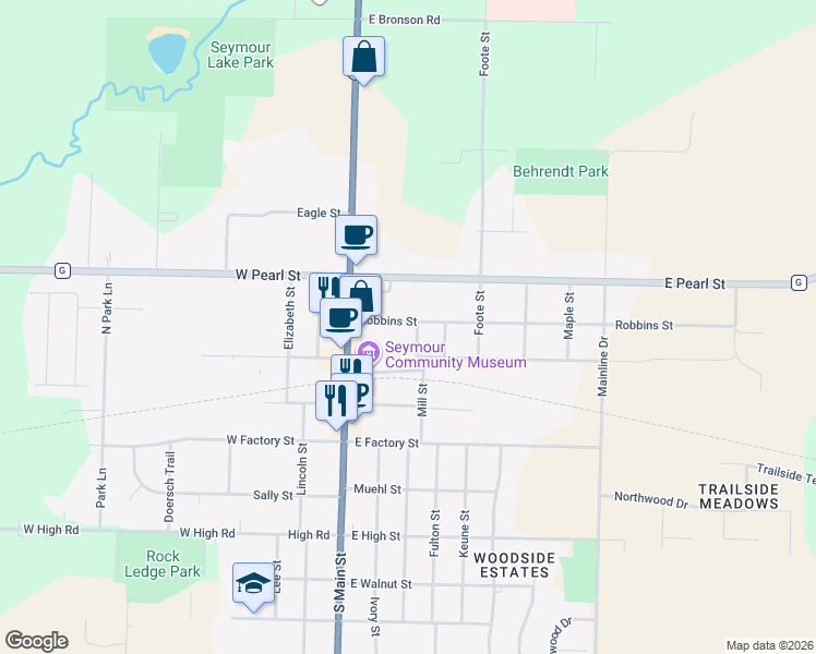 map of restaurants, bars, coffee shops, grocery stores, and more near 230 Robbins Street in Seymour