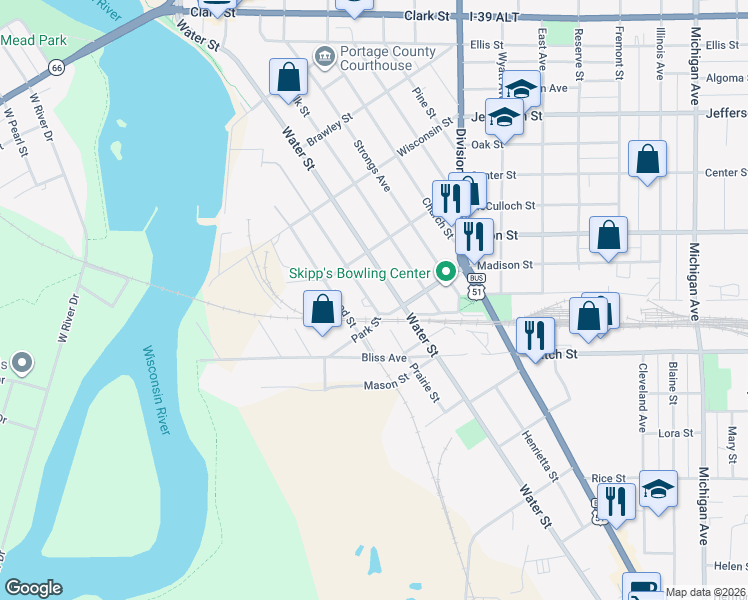 map of restaurants, bars, coffee shops, grocery stores, and more near 2157 Prairie Street in Stevens Point
