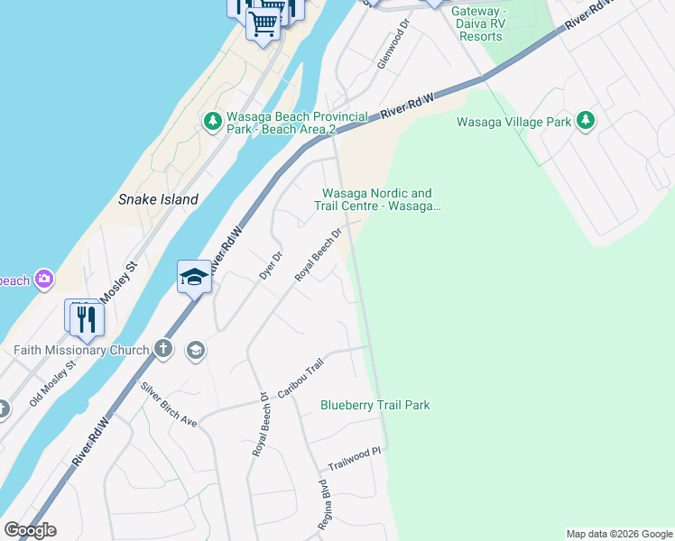 map of restaurants, bars, coffee shops, grocery stores, and more near 2 Arcadia Road in Wasaga Beach