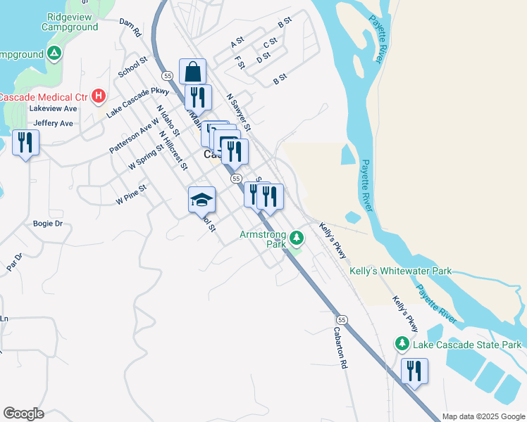 map of restaurants, bars, coffee shops, grocery stores, and more near 303 South Main Street in Cascade