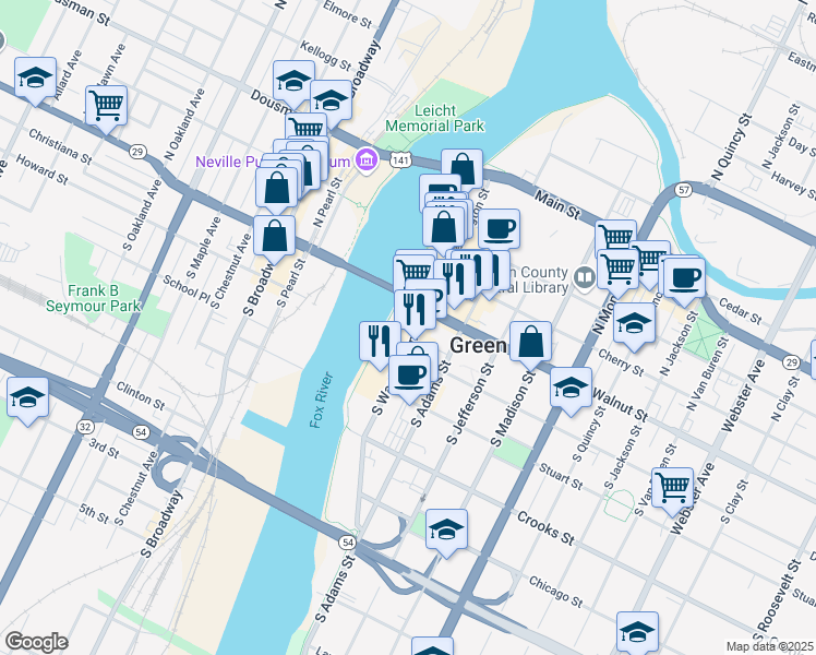 map of restaurants, bars, coffee shops, grocery stores, and more near 110-126 South Washington Street in Green Bay