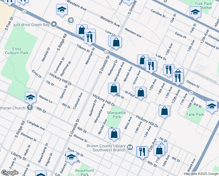 map of restaurants, bars, coffee shops, grocery stores, and more near 921 Redwood Drive in Green Bay