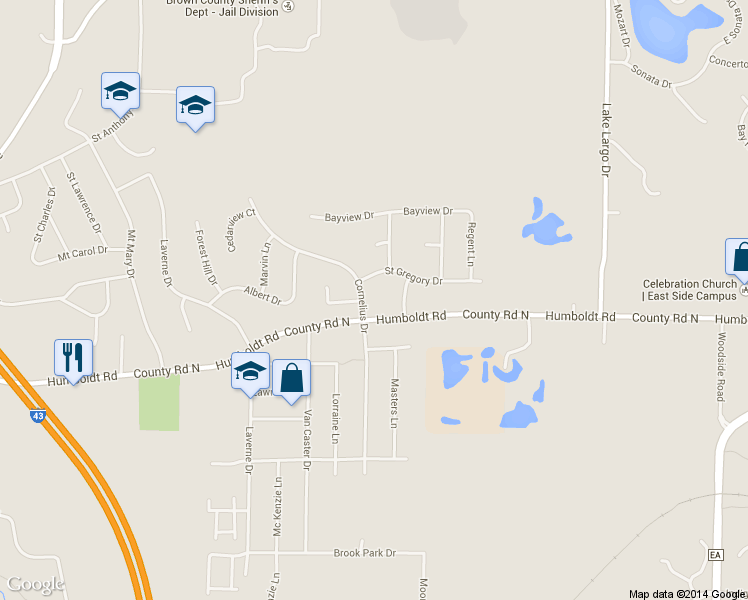 map of restaurants, bars, coffee shops, grocery stores, and more near 708 Cornelius Drive in Green Bay
