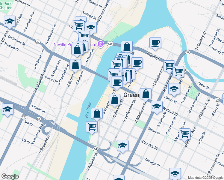 map of restaurants, bars, coffee shops, grocery stores, and more near 110-126 South Washington Street in Green Bay