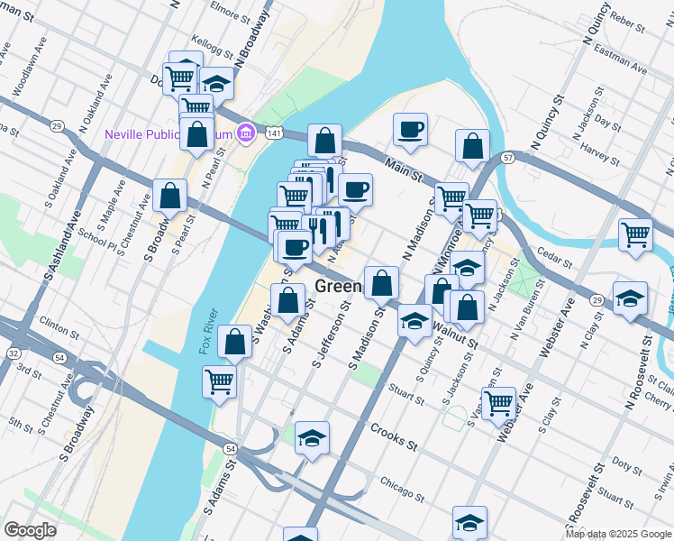 map of restaurants, bars, coffee shops, grocery stores, and more near 305 East Walnut Street in Green Bay