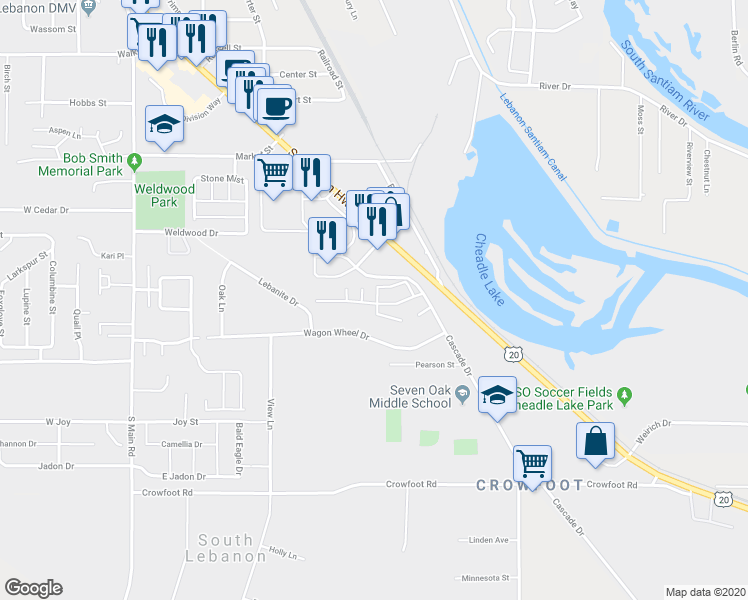 map of restaurants, bars, coffee shops, grocery stores, and more near 19772 Macarthur Boulevard in Lebanon
