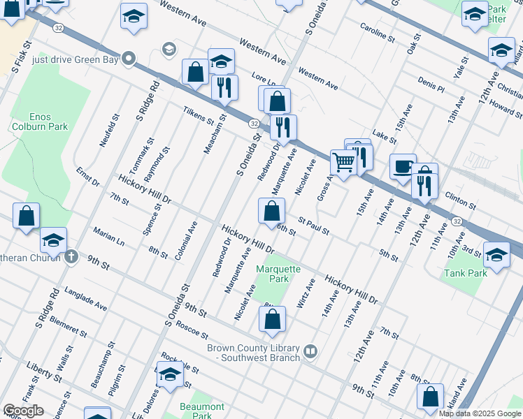 map of restaurants, bars, coffee shops, grocery stores, and more near 921 Redwood Drive in Green Bay