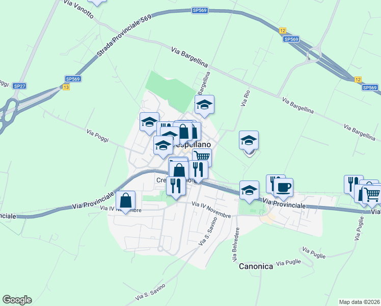 map of restaurants, bars, coffee shops, grocery stores, and more near in Crespellano
