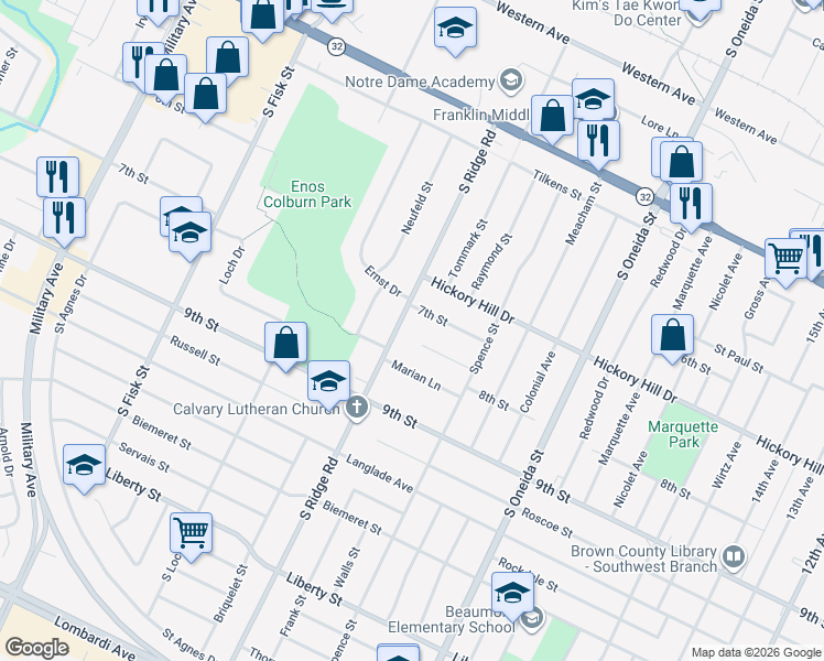 map of restaurants, bars, coffee shops, grocery stores, and more near 1141 South Ridge Road in Green Bay