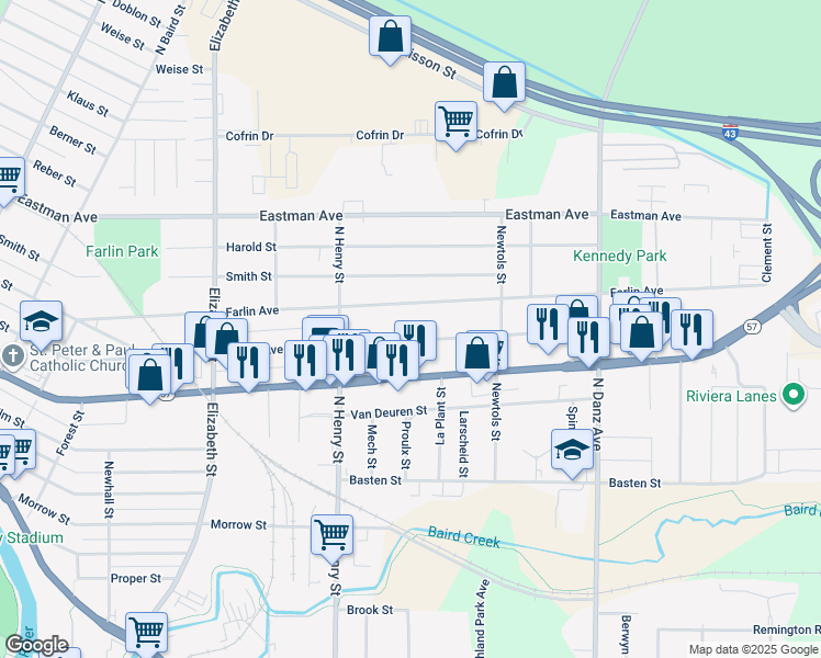 map of restaurants, bars, coffee shops, grocery stores, and more near 1873 Preble Ave in Green Bay