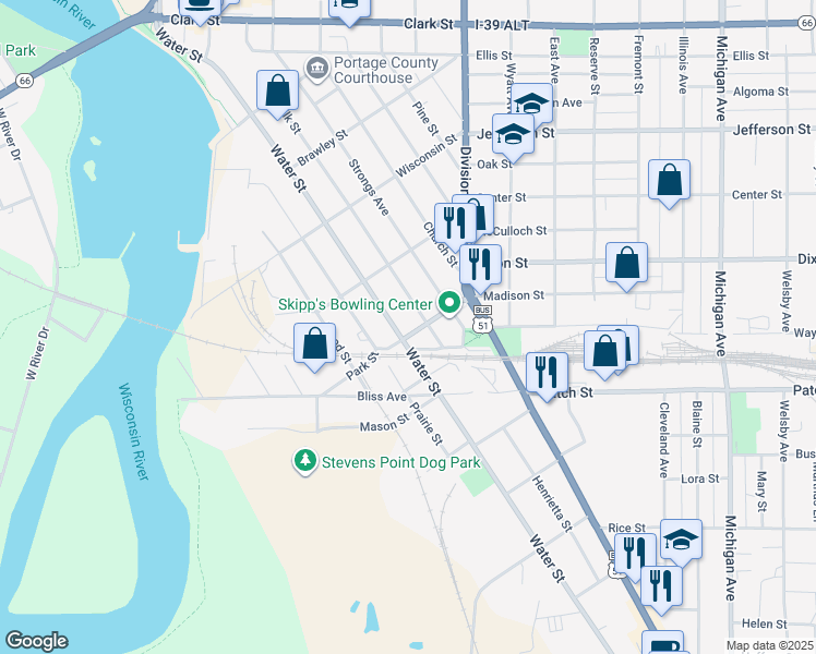 map of restaurants, bars, coffee shops, grocery stores, and more near 1016 Park Street in Stevens Point
