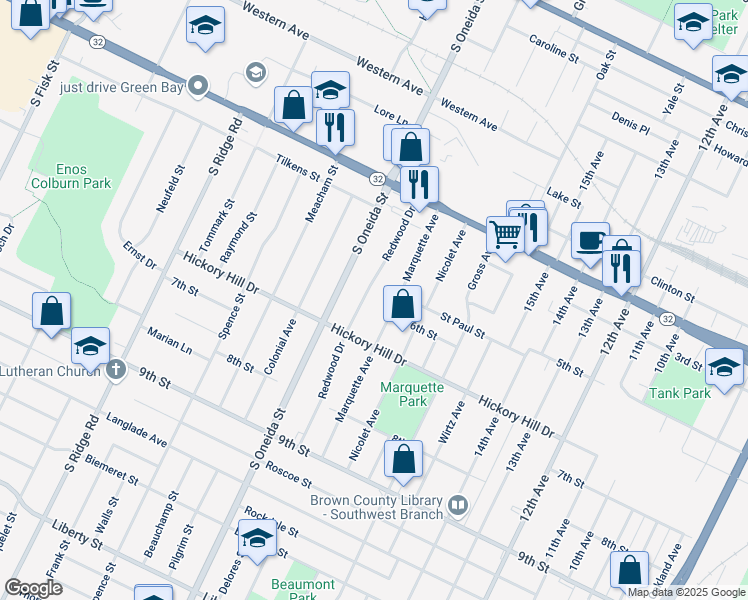 map of restaurants, bars, coffee shops, grocery stores, and more near 921 Redwood Drive in Green Bay
