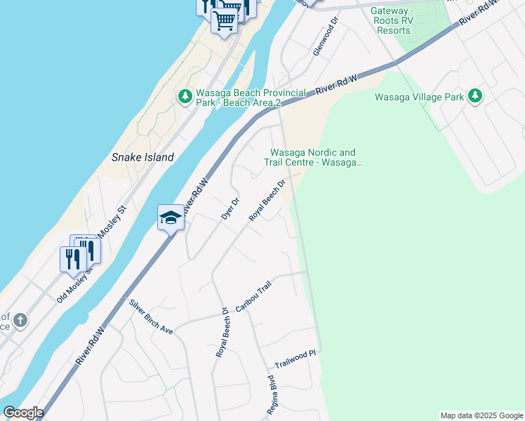 map of restaurants, bars, coffee shops, grocery stores, and more near 33 Royal Beech Drive in Wasaga Beach