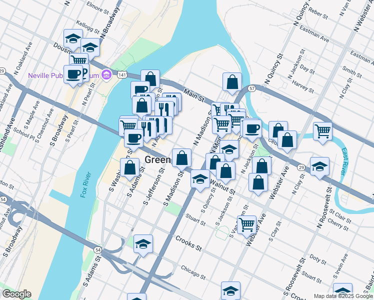 map of restaurants, bars, coffee shops, grocery stores, and more near 200-220 N Madison St in Green Bay