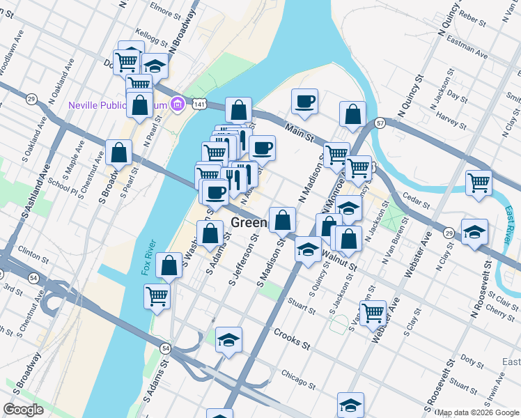 map of restaurants, bars, coffee shops, grocery stores, and more near in Green Bay
