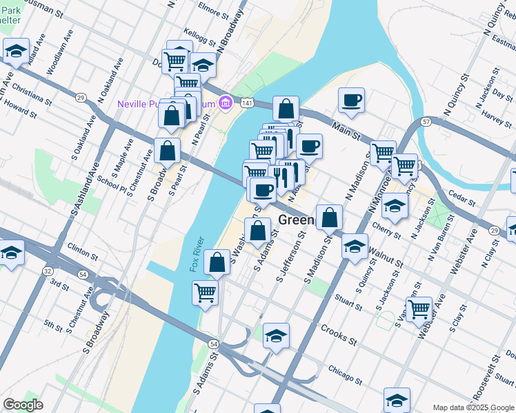 map of restaurants, bars, coffee shops, grocery stores, and more near 110-126 South Washington Street in Green Bay