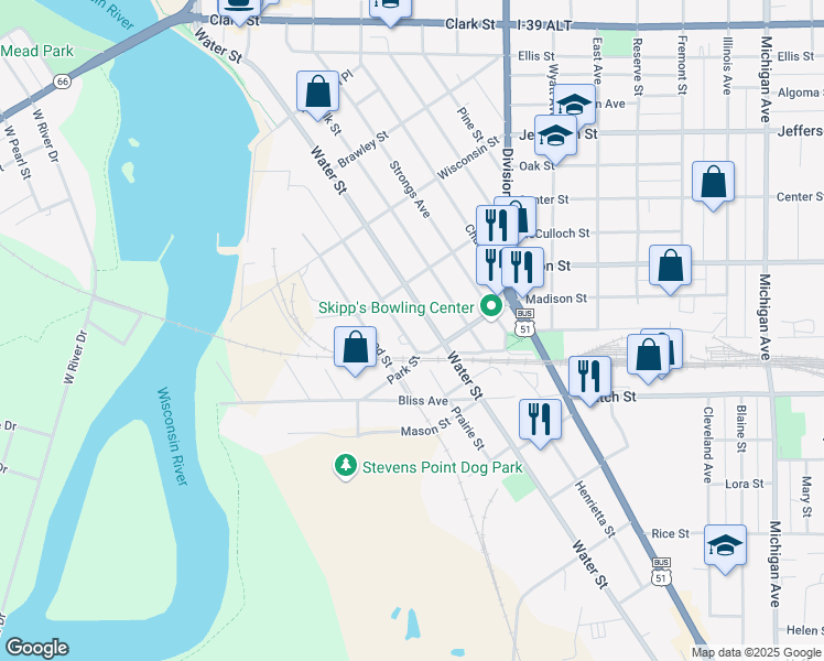 map of restaurants, bars, coffee shops, grocery stores, and more near 2157 Prairie Street in Stevens Point