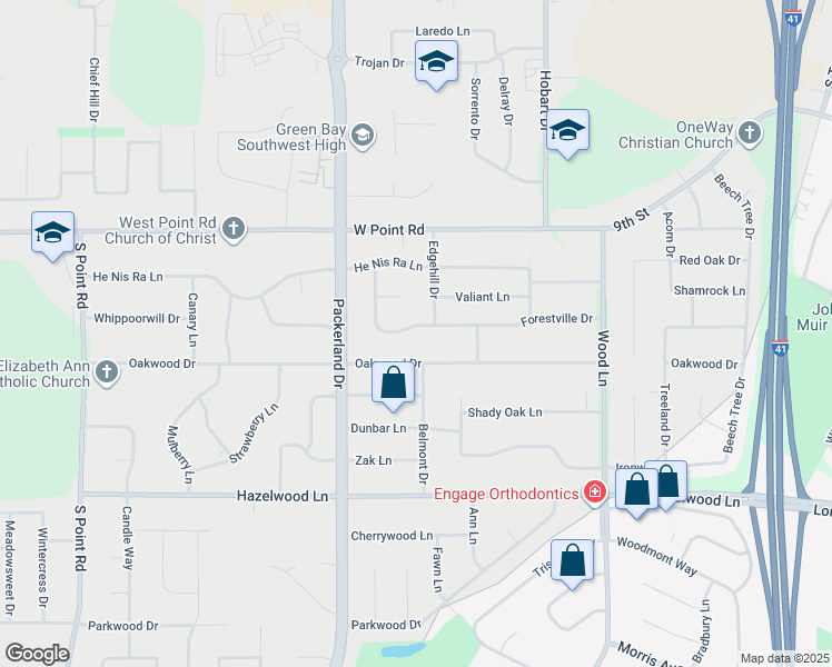 map of restaurants, bars, coffee shops, grocery stores, and more near 2547 Forestville Drive in Green Bay