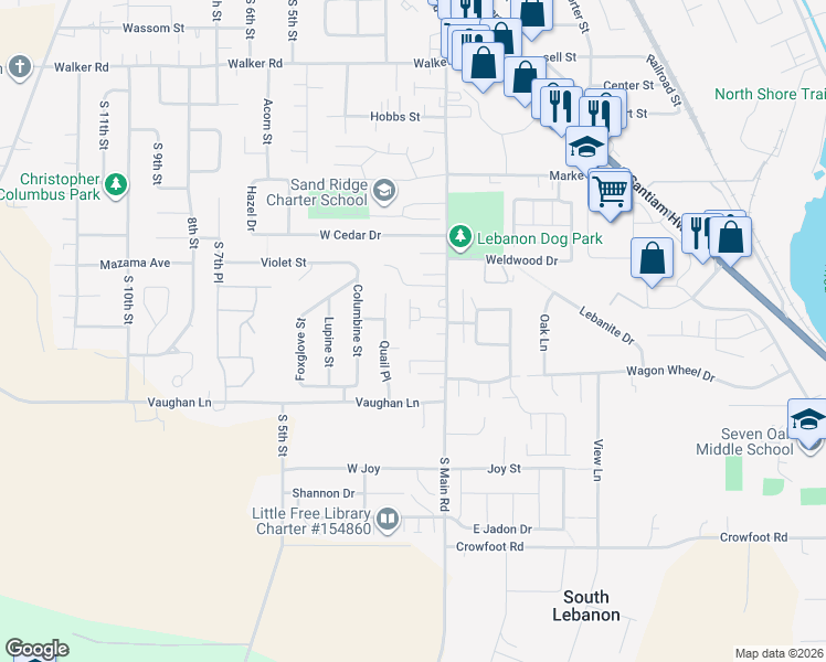 map of restaurants, bars, coffee shops, grocery stores, and more near 62 South Place in Lebanon
