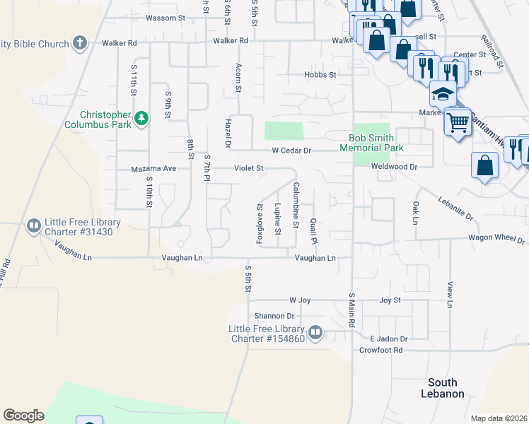 map of restaurants, bars, coffee shops, grocery stores, and more near 3211 Foxglove Street in Lebanon