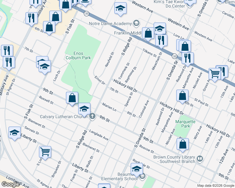 map of restaurants, bars, coffee shops, grocery stores, and more near 1267 7th Street in Green Bay