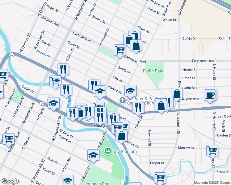 map of restaurants, bars, coffee shops, grocery stores, and more near 1342 Harvey Street in Green Bay