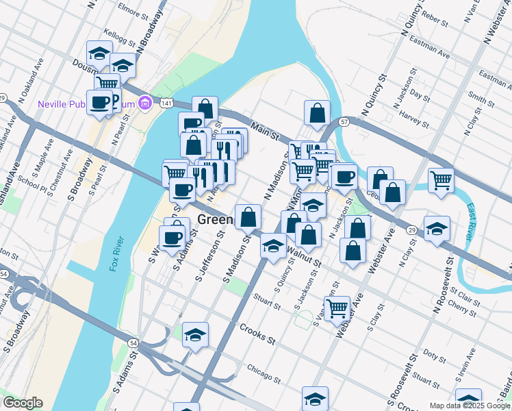 map of restaurants, bars, coffee shops, grocery stores, and more near 425 Cherry Street in Green Bay