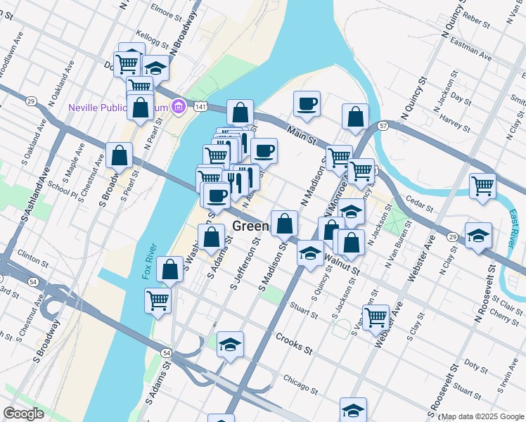 map of restaurants, bars, coffee shops, grocery stores, and more near 325 East Walnut Street in Green Bay