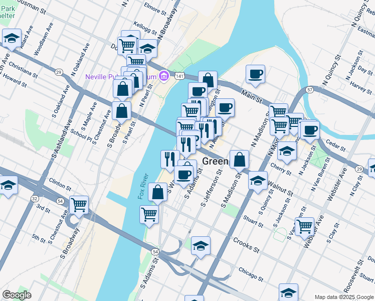 map of restaurants, bars, coffee shops, grocery stores, and more near 110-126 South Washington Street in Green Bay