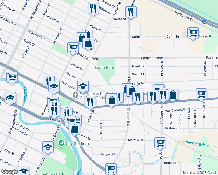 map of restaurants, bars, coffee shops, grocery stores, and more near 1486 Farlin Avenue in Green Bay