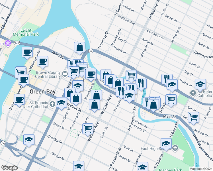 map of restaurants, bars, coffee shops, grocery stores, and more near 907 Main Street in Green Bay