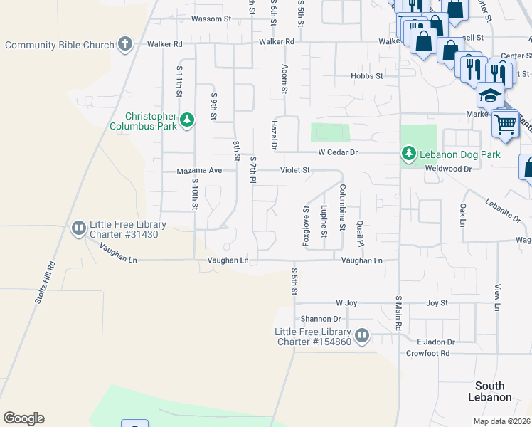 map of restaurants, bars, coffee shops, grocery stores, and more near 610 Vaughan Lane in Lebanon